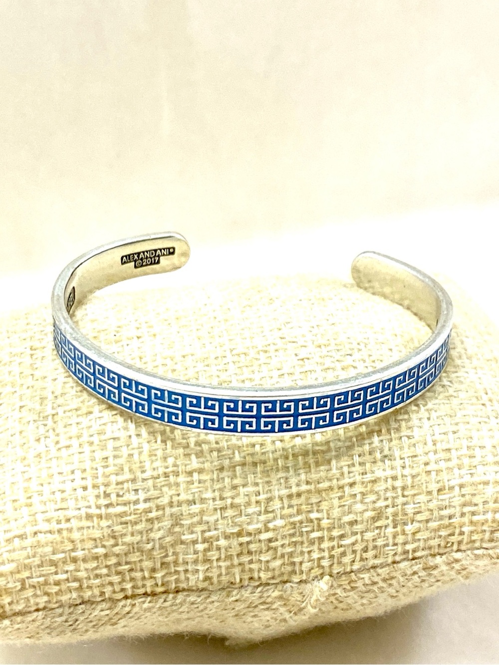 Alex and Ani Silver and Blue Greek Key Open Cuff Bracelet